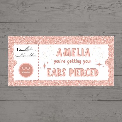 Surprise Ticket Print | Personalised Baby Pink Ear Piercing Ticket Gift Voucher | Gift Idea