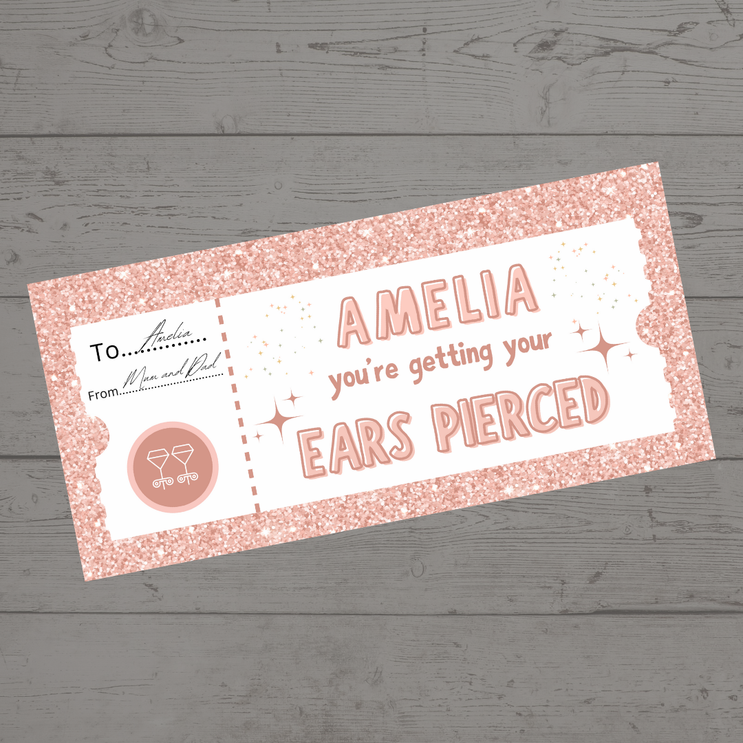 Surprise Ticket Print | Personalised Baby Pink Ear Piercing Ticket Gift Voucher | Gift Idea