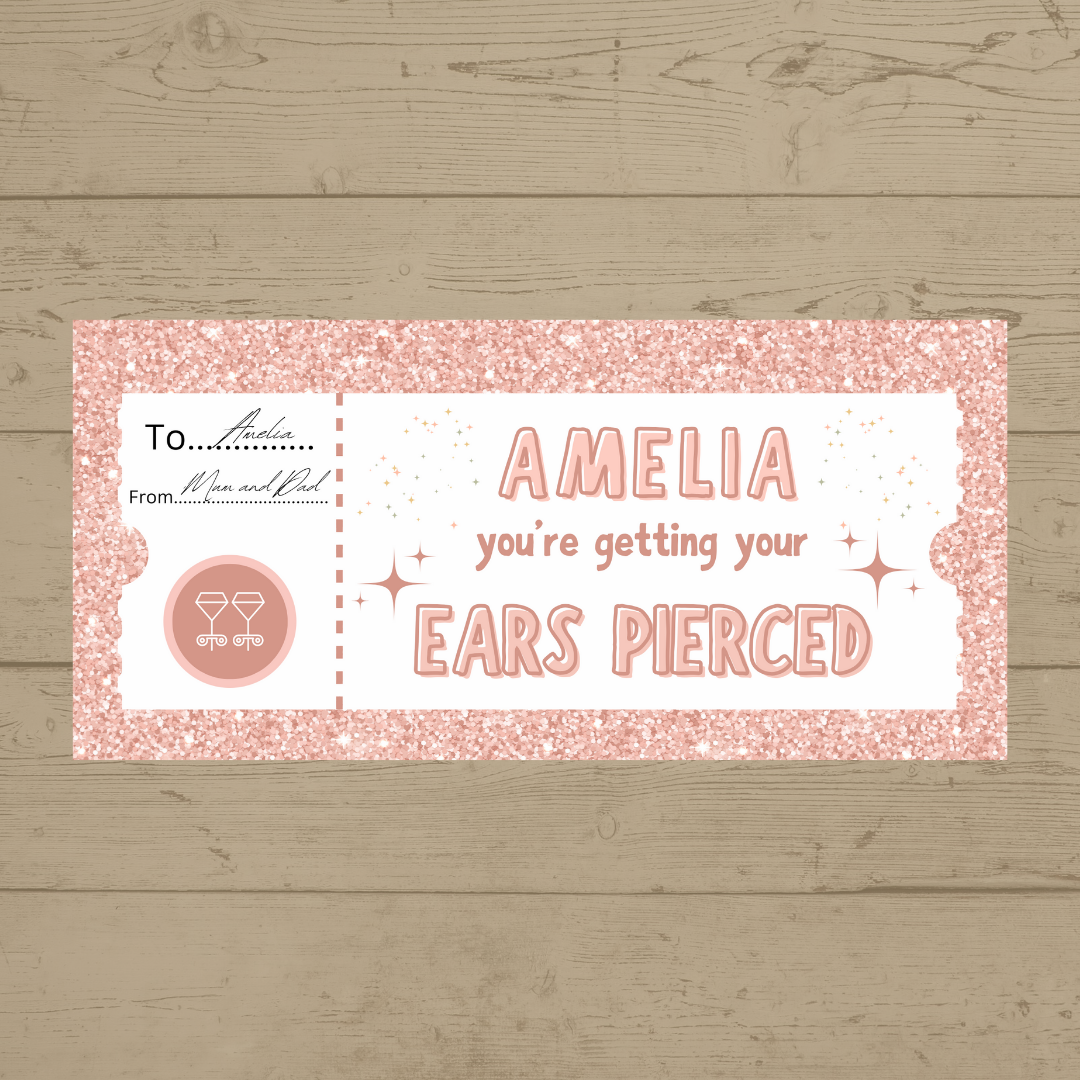 Surprise Ticket Print | Personalised Baby Pink Ear Piercing Ticket Gift Voucher | Gift Idea