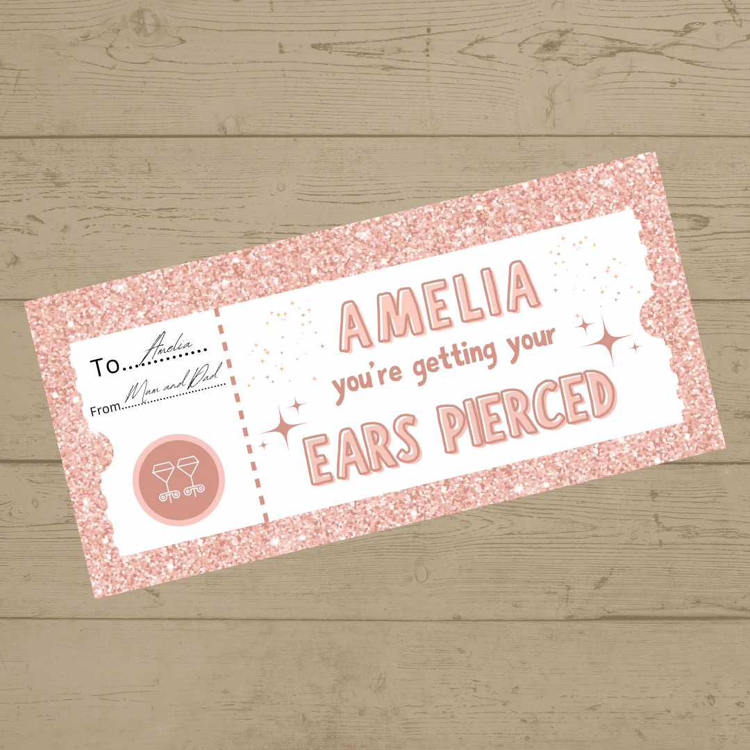 Surprise Ticket Print | Personalised Baby Pink Ear Piercing Ticket Gift Voucher | Gift Idea