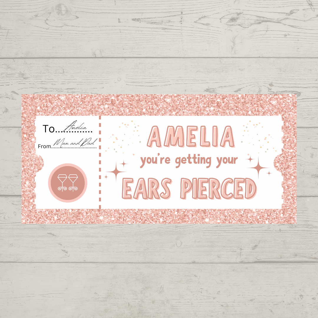 Surprise Ticket Print | Personalised Baby Pink Ear Piercing Ticket Gift Voucher | Gift Idea