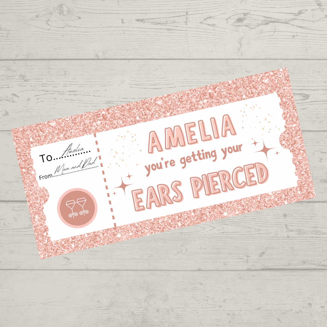 Surprise Ticket Print | Personalised Baby Pink Ear Piercing Ticket Gift Voucher | Gift Idea