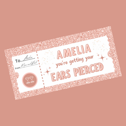 Surprise Ticket Print | Personalised Baby Pink Ear Piercing Ticket Gift Voucher | Gift Idea