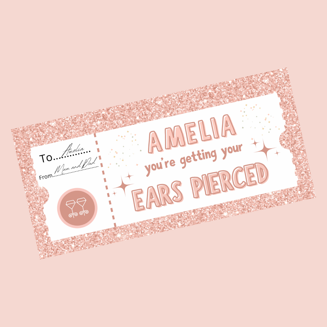 Surprise Ticket Print | Personalised Baby Pink Ear Piercing Ticket Gift Voucher | Gift Idea