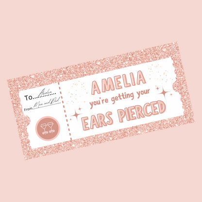 Surprise Ticket Print | Personalised Baby Pink Ear Piercing Ticket Gift Voucher | Gift Idea