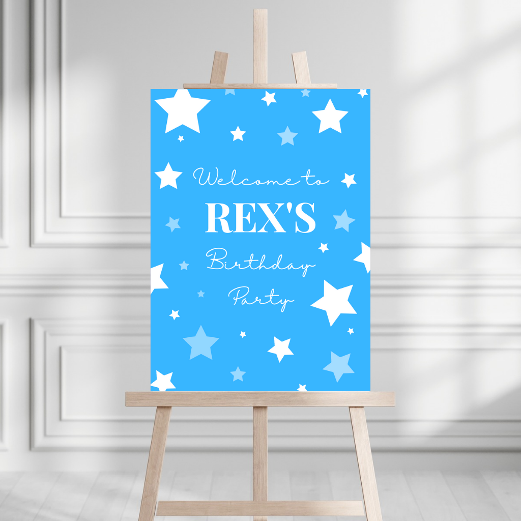 Blue Star Welcome Board Sign | Personalised Board | Birthday, Christening, Baby Shower Party Sign | A4, A3, A2