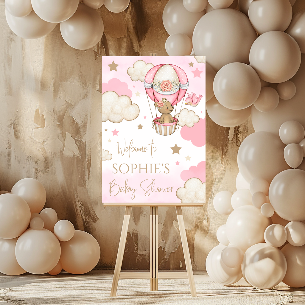 Pink Bear Hot Air Balloon Welcome Board Sign | Personalised Baby Shower, Birthday Party Board | Party Sign | A4, A3, A2