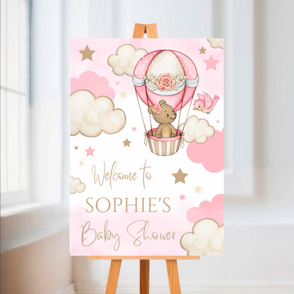 Pink Bear Hot Air Balloon Welcome Board Sign | Personalised Baby Shower, Birthday Party Board | Party Sign | A4, A3, A2