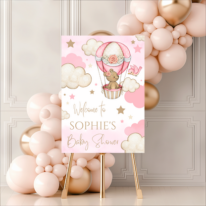 Pink Bear Hot Air Balloon Welcome Board Sign | Personalised Baby Shower, Birthday Party Board | Party Sign | A4, A3, A2