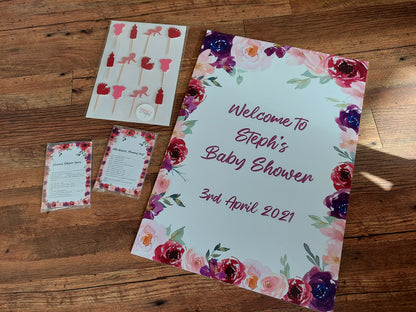 Personalised Floral Pink & Purple Welcome Board Sign | Birthday Board | Christening Board | Baby Shower Board | Party Sign | A4, A3, A2