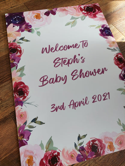 Personalised Floral Pink & Purple Welcome Board Sign | Birthday Board | Christening Board | Baby Shower Board | Party Sign | A4, A3, A2