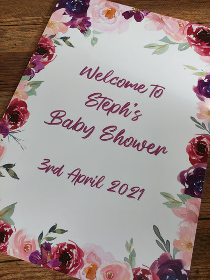 Personalised Floral Pink & Purple Welcome Board Sign | Birthday Board | Christening Board | Baby Shower Board | Party Sign | A4, A3, A2