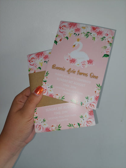 Swan Invitations | A6 Invites | Pink Swan Theme Invitations | Party Invitations