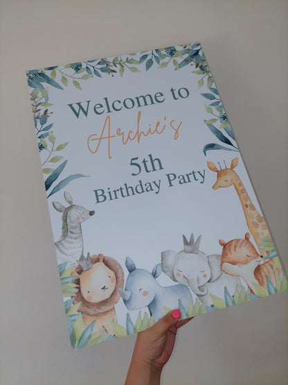 Safari Animal Welcome Board Sign | Personalised Birthday Board | Birthday Party Sign | Safari Animal Party Theme | A4, A3, A2