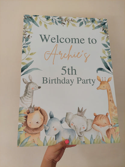 Safari Animal Welcome Board Sign | Personalised Birthday Board | Birthday Party Sign | Safari Animal Party Theme | A4, A3, A2