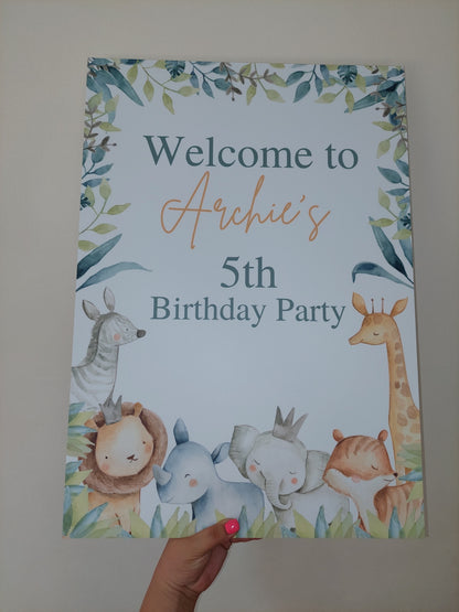 Safari Animal Welcome Board Sign | Personalised Birthday Board | Birthday Party Sign | Safari Animal Party Theme | A4, A3, A2