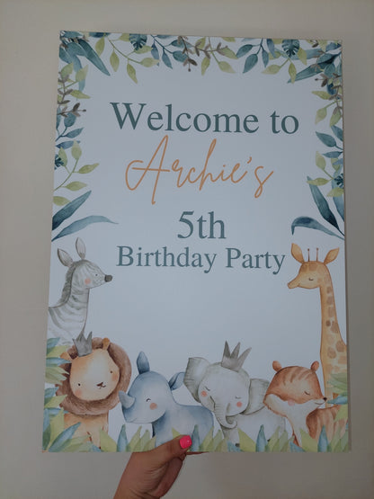 Safari Animal Welcome Board Sign | Personalised Birthday Board | Birthday Party Sign | Safari Animal Party Theme | A4, A3, A2