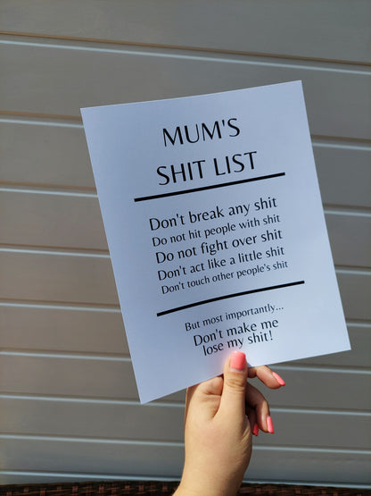 Quote Print | Mum's Shit List | Funny Print - Dinky Designs