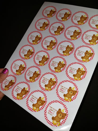 Red Teddy Bear Picnic Party Stickers | Circle Stickers | Sticker Sheet | Party Stickers