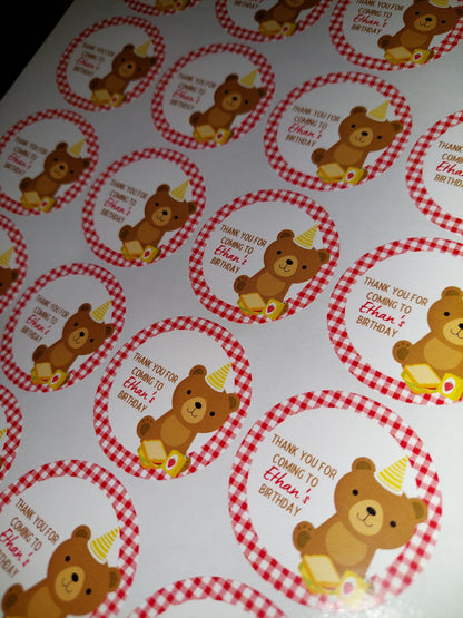 Red Teddy Bear Picnic Party Stickers | Circle Stickers | Sticker Sheet | Party Stickers