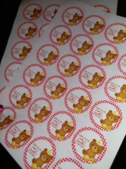 Red Teddy Bear Picnic Party Stickers | Circle Stickers | Sticker Sheet | Party Stickers