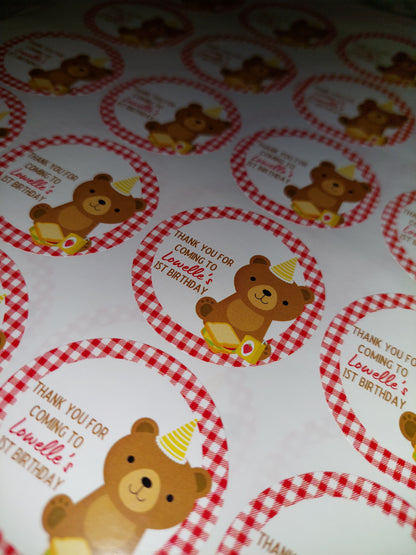 Red Teddy Bear Picnic Party Stickers | Circle Stickers | Sticker Sheet | Party Stickers