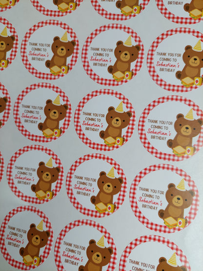 Red Teddy Bear Picnic Party Stickers | Circle Stickers | Sticker Sheet | Party Stickers