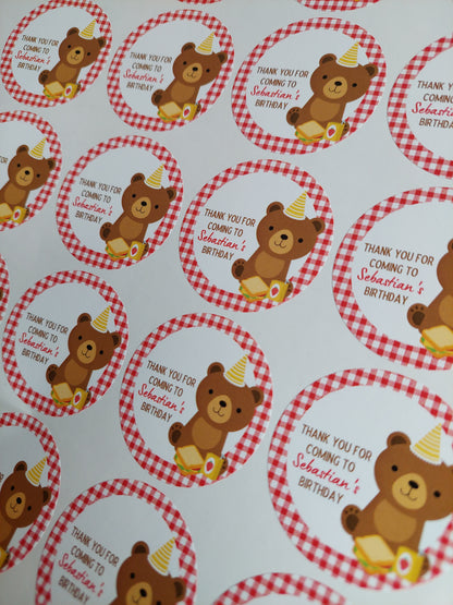 Red Teddy Bear Picnic Party Stickers | Circle Stickers | Sticker Sheet | Party Stickers