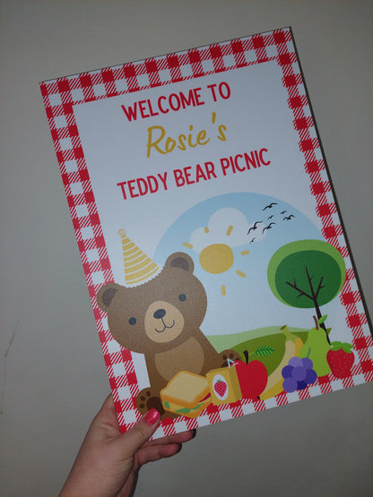 Red Teddy Bear Picnic Welcome Board Sign | Personalised Birthday Board | Birthday Party Sign | A4, A3, A2