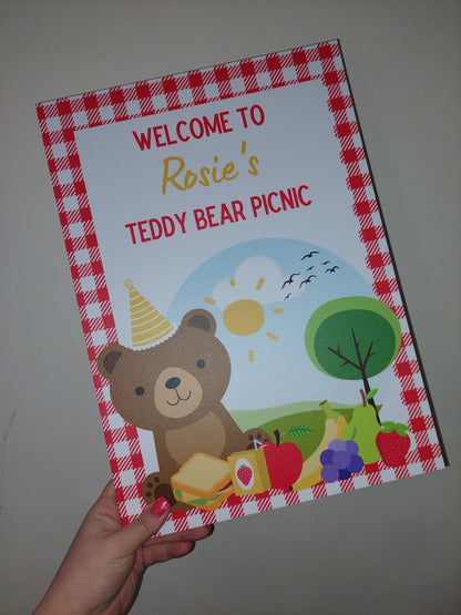 Red Teddy Bear Picnic Welcome Board Sign | Personalised Birthday Board | Birthday Party Sign | A4, A3, A2