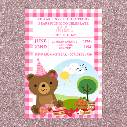 Pink Teddy Bear Picnic Invitations | A6 Invites | Teddy Bear Theme Invitations | Party Invitations