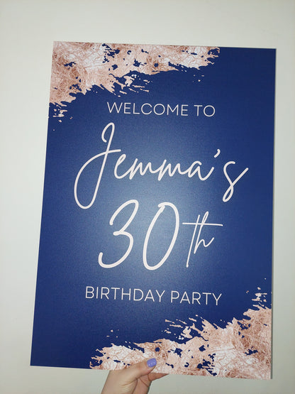 Navy Blue & Rose Gold Welcome Board Sign | Personalised Birthday Board | Birthday Party Sign | A4, A3, A2