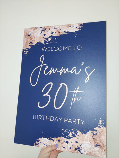 Navy Blue & Rose Gold Welcome Board Sign | Personalised Birthday Board | Birthday Party Sign | A4, A3, A2