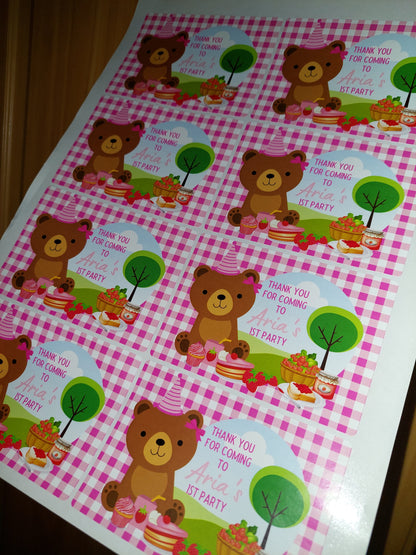 Rectangle Stickers | Party Stickers | Pink Teddy Bear Picnic Party Stickers | Party Bag Stickers