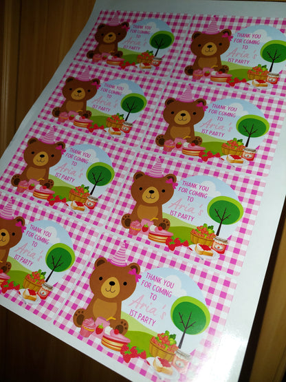 Rectangle Stickers | Party Stickers | Pink Teddy Bear Picnic Party Stickers | Party Bag Stickers