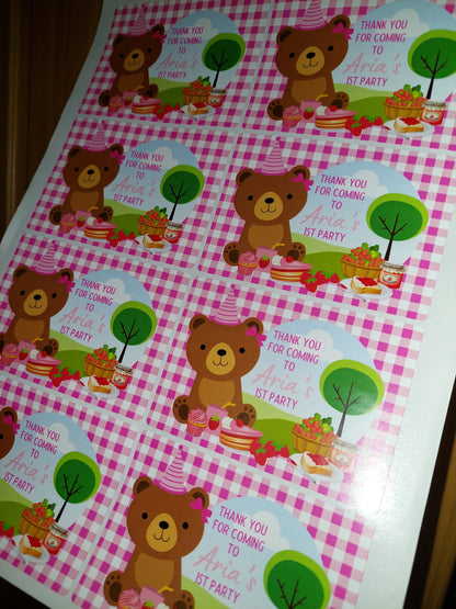 Rectangle Stickers | Party Stickers | Pink Teddy Bear Picnic Party Stickers | Party Bag Stickers