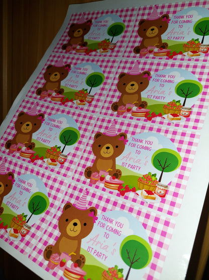 Rectangle Stickers | Party Stickers | Pink Teddy Bear Picnic Party Stickers | Party Bag Stickers