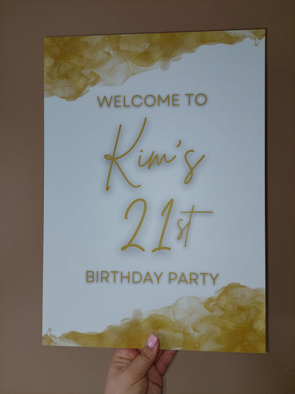 White & Gold Welcome Board Sign | Personalised Birthday Board | Birthday Party Sign | A4, A3, A2