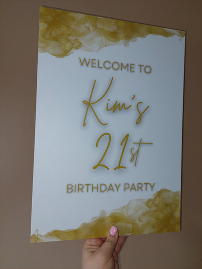 White & Gold Welcome Board Sign | Personalised Birthday Board | Birthday Party Sign | A4, A3, A2