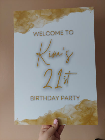 White & Gold Welcome Board Sign | Personalised Birthday Board | Birthday Party Sign | A4, A3, A2