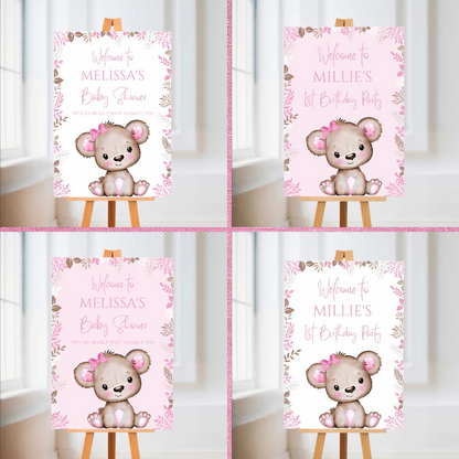 Pink Or White Teddy Bear Welcome Board Sign | Personalised Baby Shower, Birthday Party Board | Party Sign | A4, A3, A2