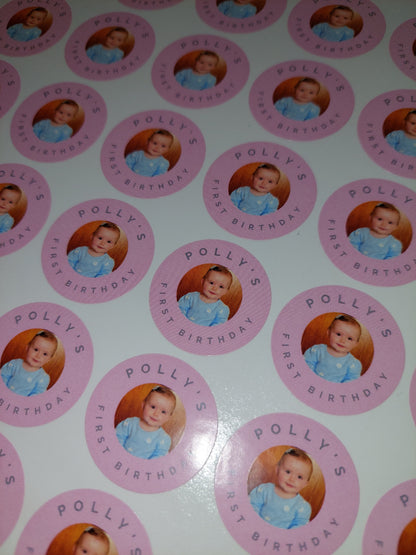 Pink Personalised Photo Stickers | Various Sizes | Christening, Birthday, Party Stickers | Event Stickers