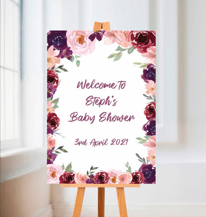 Personalised Floral Pink & Purple Welcome Board Sign | Birthday Board | Christening Board | Baby Shower Board | Party Sign | A4, A3, A2