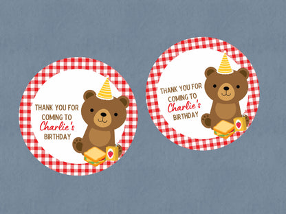 Red Teddy Bear Picnic Party Stickers | Circle Stickers | Sticker Sheet | Party Stickers