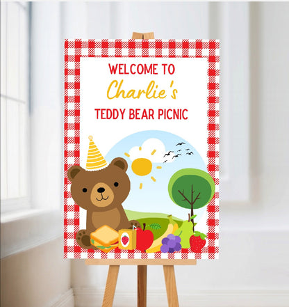 Red Teddy Bear Picnic Welcome Board Sign | Personalised Birthday Board | Birthday Party Sign | A4, A3, A2