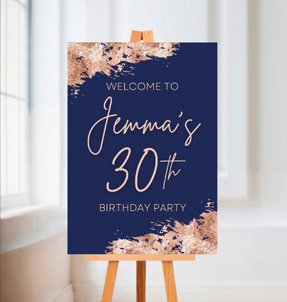 Navy Blue & Rose Gold Welcome Board Sign | Personalised Birthday Board | Birthday Party Sign | A4, A3, A2