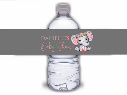 Juice Bottle Labels | Coral Pink Elephant Labels | Water Bottle Stickers | Coral Pink Elephant Baby Shower, Birthday Party