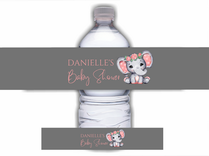 Juice Bottle Labels | Coral Pink Elephant Labels | Water Bottle Stickers | Coral Pink Elephant Baby Shower, Birthday Party