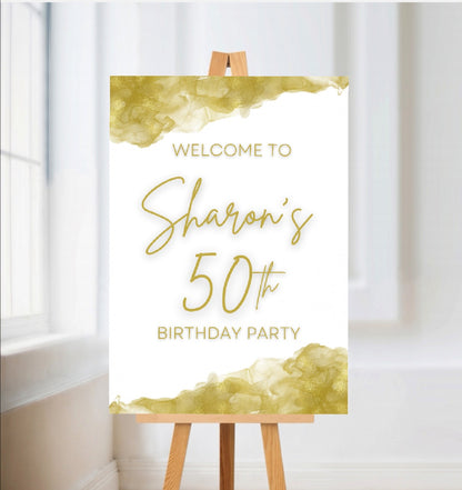 White & Gold Welcome Board Sign | Personalised Birthday Board | Birthday Party Sign | A4, A3, A2