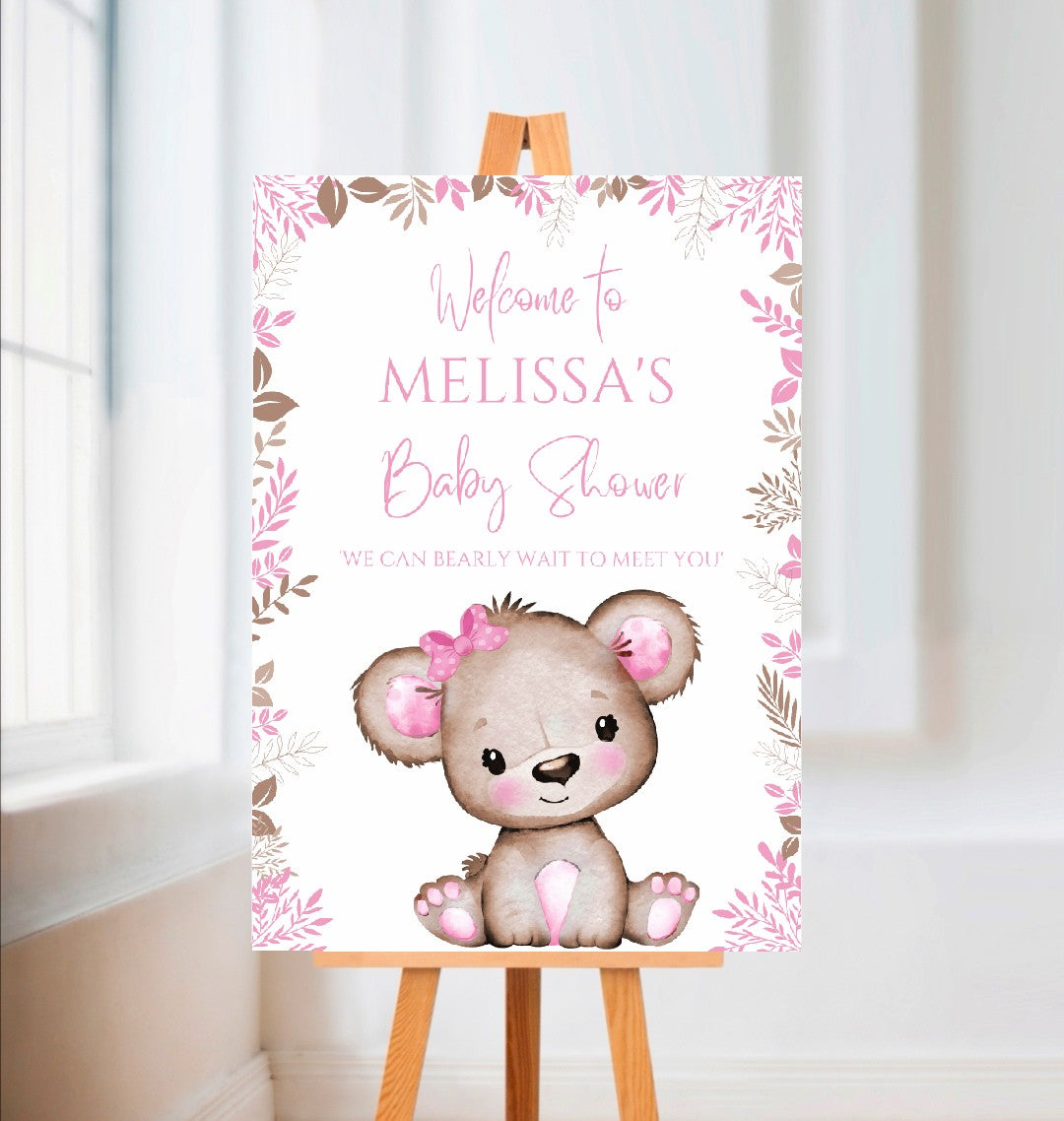 Pink Or White Teddy Bear Welcome Board Sign | Personalised Baby Shower, Birthday Party Board | Party Sign | A4, A3, A2